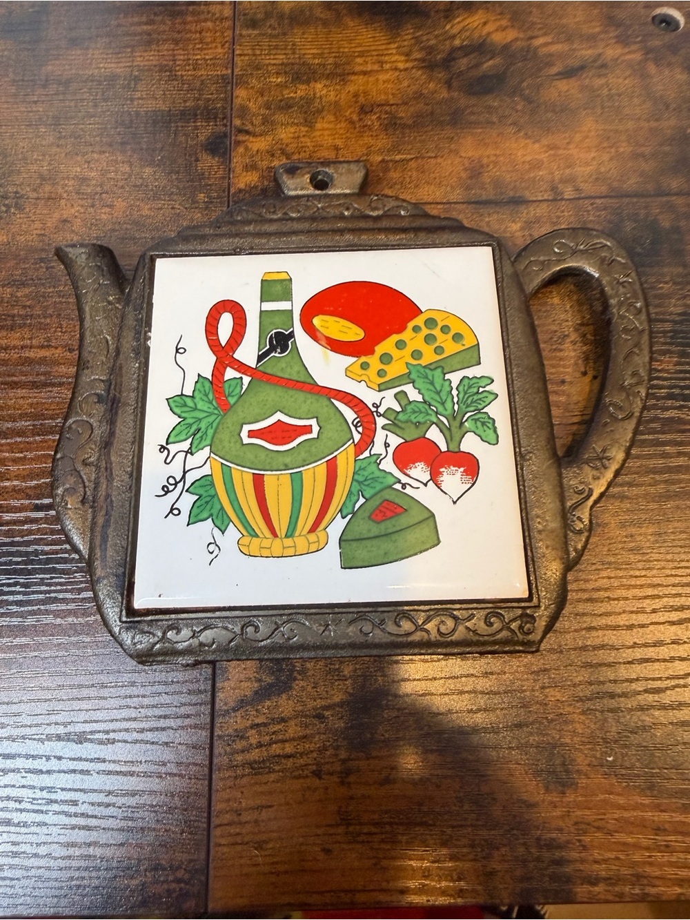 Vintage 1970s Cathay Tile trivet cast iron teapot frame ceramic tile decor